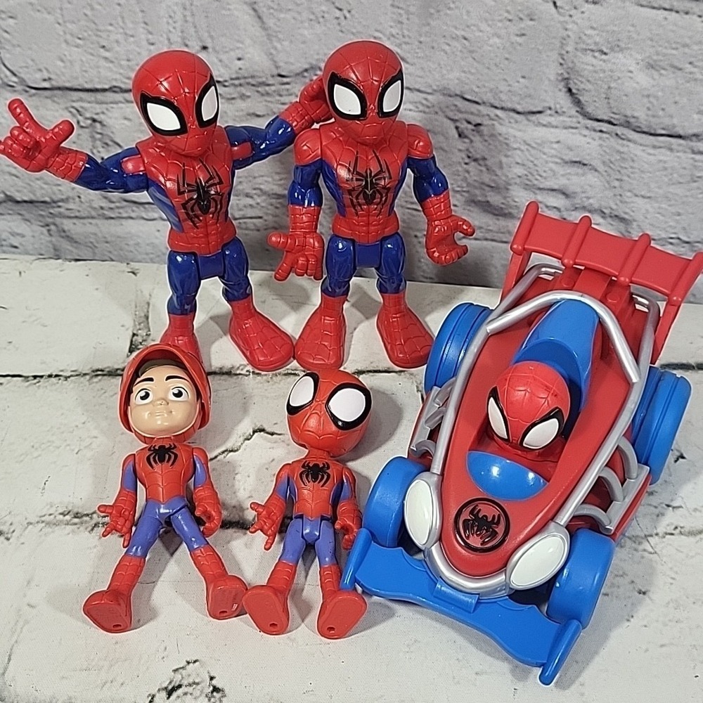 Marvel‎ Spiderman Spidey Action Figures Lot Of 4 With Bonus Pull-Back Car Hasbro